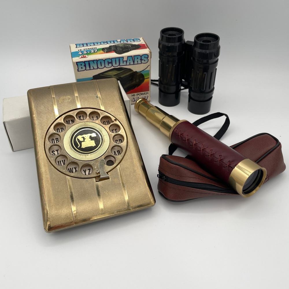 Brass Leather Telescope Vintage Desk Decor Rotary Address Book Binoculars Set